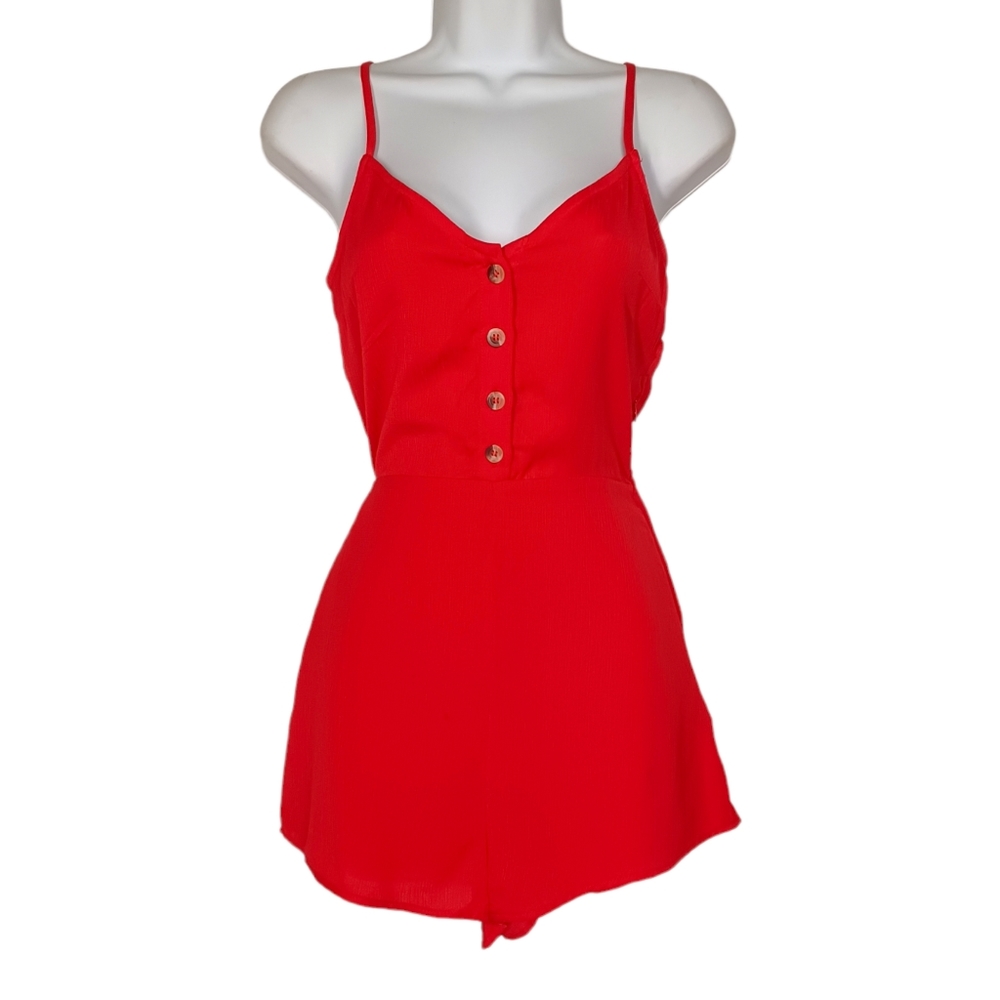 H&M DIVIDED Red Twist Open Back Sleeveless Button Front Red Romper 4 Small NWT